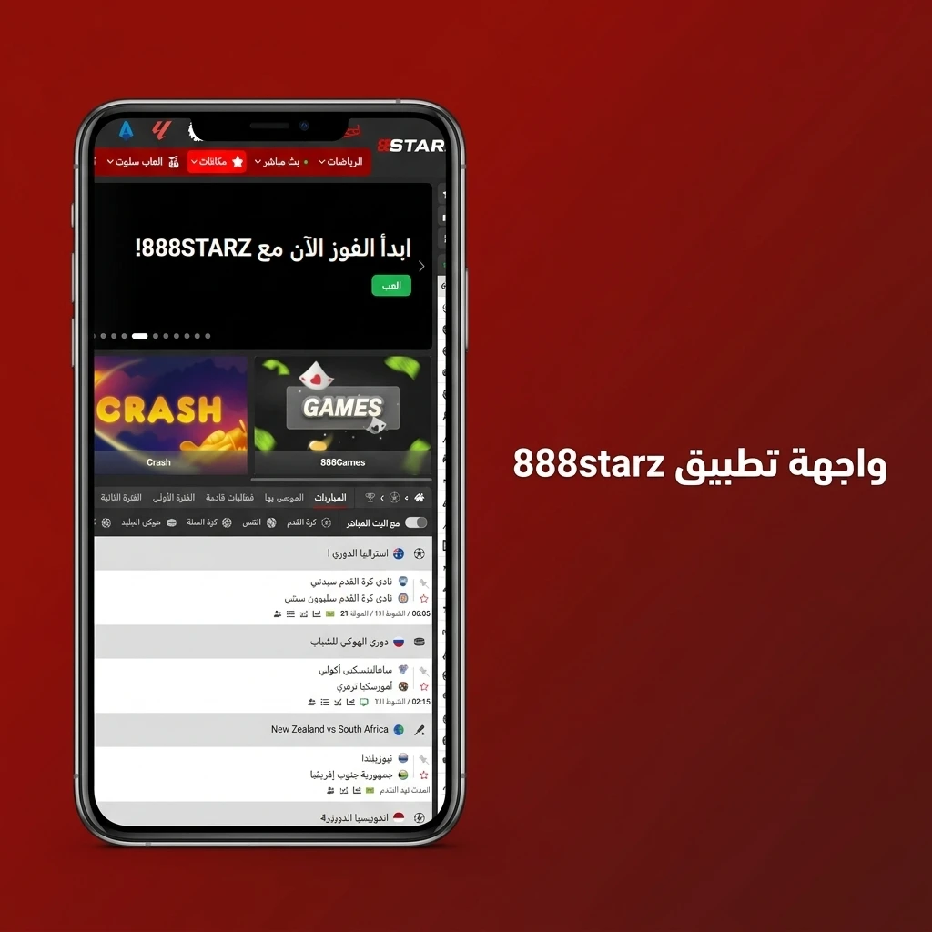 واجهة تطبيق 888starz على الهاتف المحمول مع تخطيط واضح يتيح التنقل بين الكازينو والرهانات